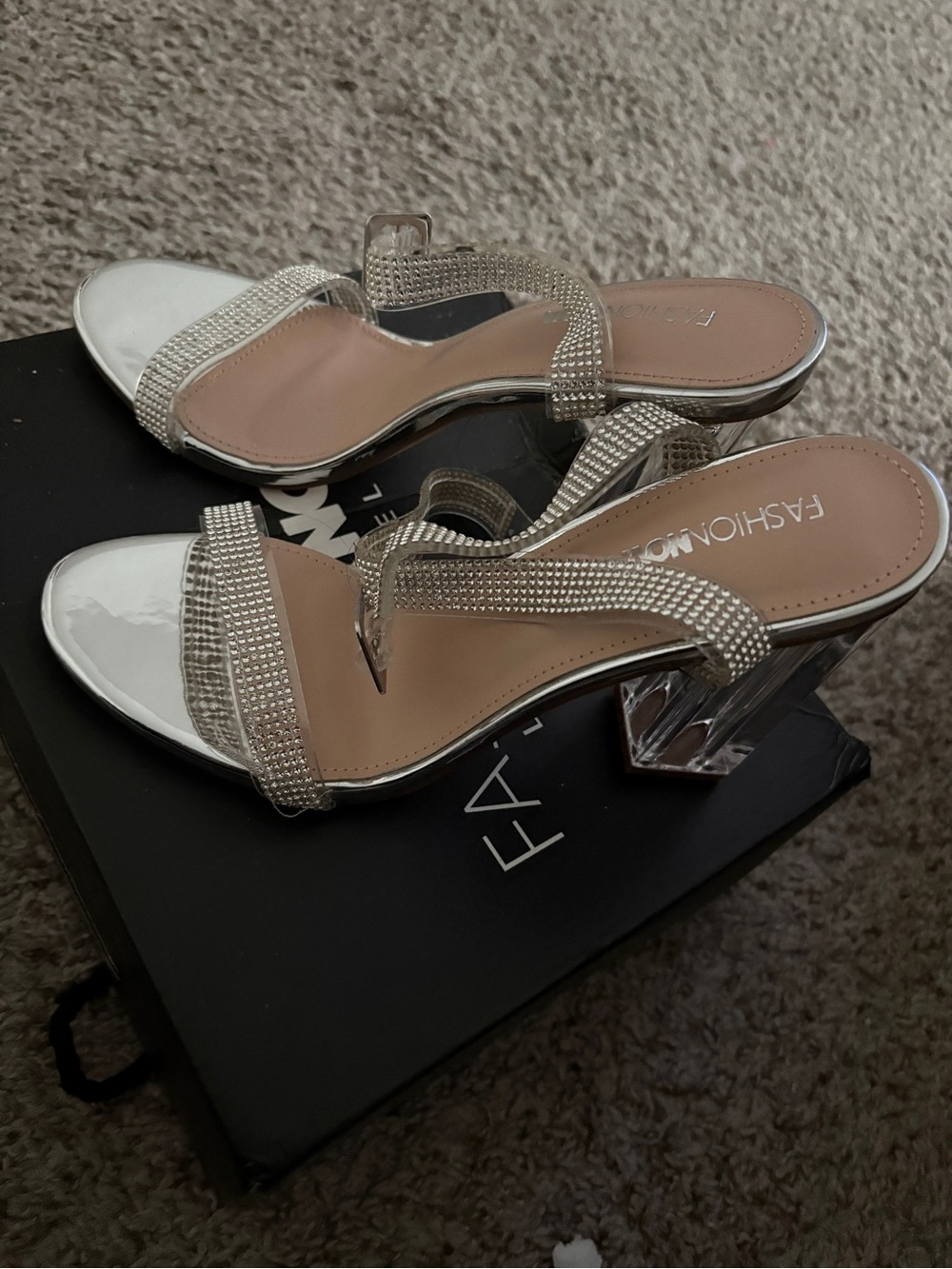 Fashion Nova Silver Rhinestone Clear Block Heel Sandals